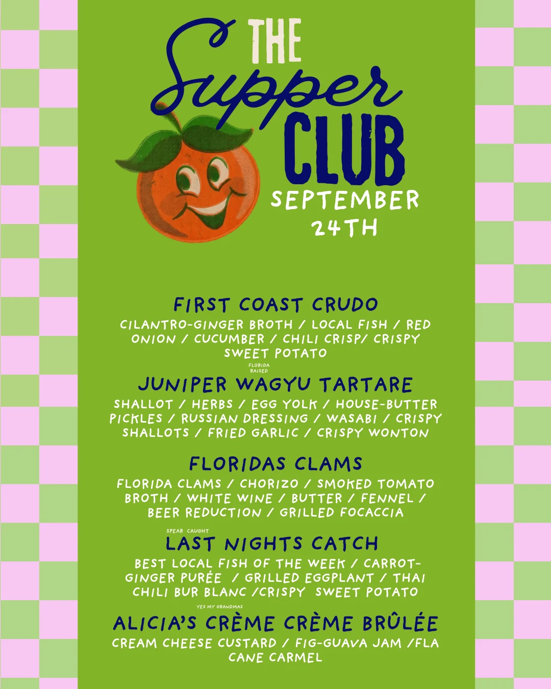 Past Supper Club menu with green and pink checkerboard design