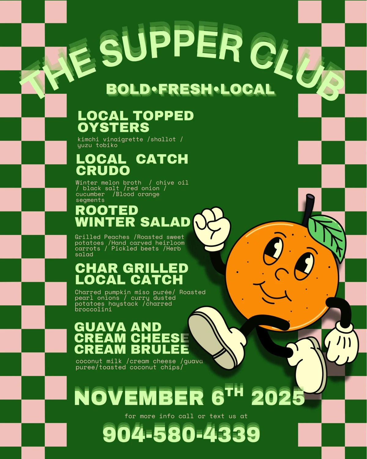 Past Supper Club menu with orange character and checkerboard border