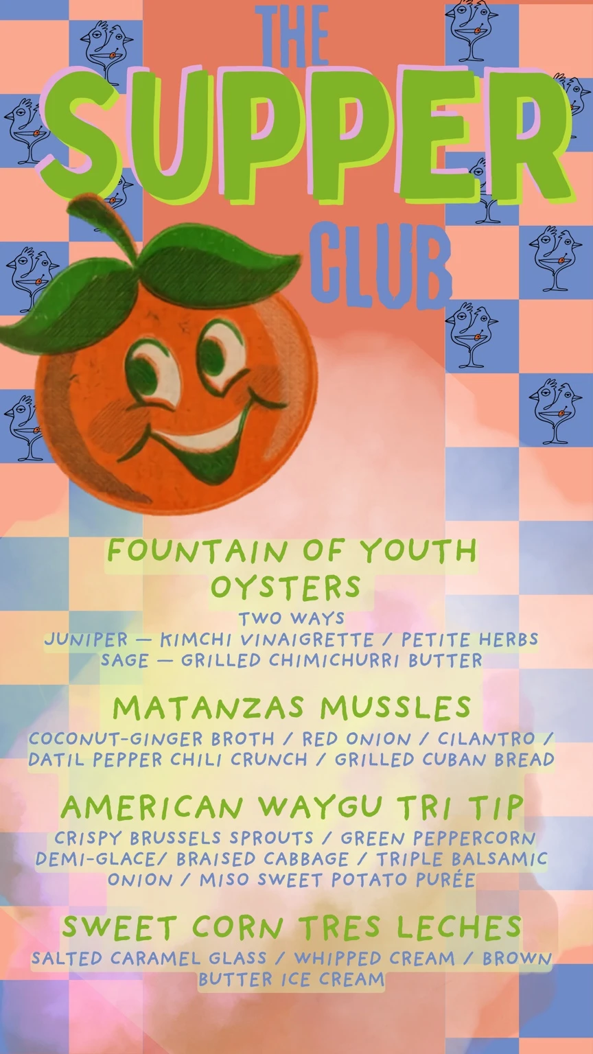 Past Supper Club menu with oysters and mussels